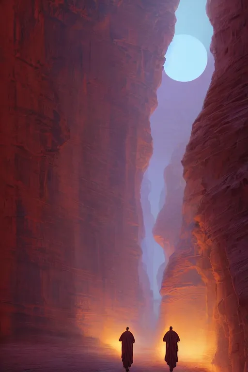 Prompt: monks walking through canyon to ancient yellow glowing temple, city of petra, light streaks in the sky, moon, dramatic lighting, artstation, matte painting, ralph mcquarrie, simon stalenhag