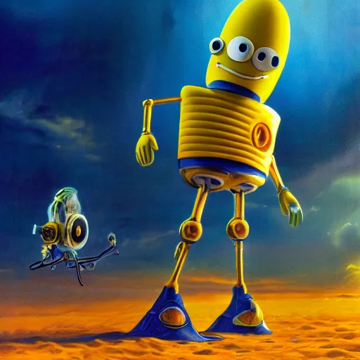 Image similar to humanoid cyborg spongebob, epic, cinematic shot, 8k, by Bruce Pennington, sharp focus, highly detailed, saturated