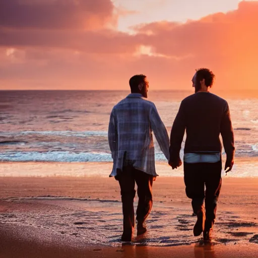 Image similar to Dutch van der Linde and Colm O'Driscoll holding hands and walking on a beach together, smiling, sunset