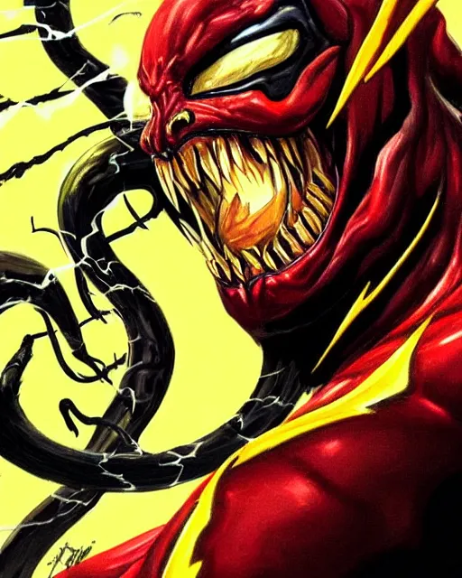 Image similar to venom as the flash, dynamic lighting, fantasy concept art, trending on art station, stunning visuals, creative, cinematic, ultra detailed, comic strip style