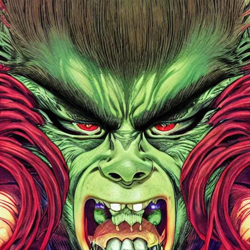 Image similar to portrait closeup of crazy blanka, symmetrical, cinematic colors, by yoichi hatakenaka, masamune shirow, josan gonzales and dan mumford, ayami kojima, takato yamamoto, barclay shaw, karol bak, yukito kishiro