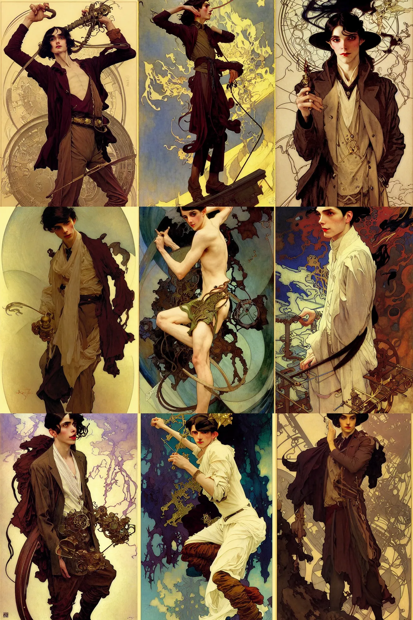 Prompt: thin young male alchemist, long dark hair, 1 9 2 0 s fashion, fantasy, art by joseph leyendecker, peter mohrbacher, ruan jia, finnian macmanus, marc simonetti, dean cornwell, ayami kojima, vasnetsov, cedric peyravernay, alphonse mucha