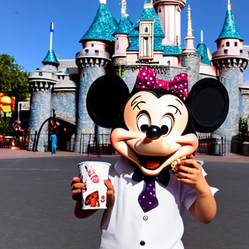 Prompt: Grogu eating holding popcorn in the middle of main street disneyland