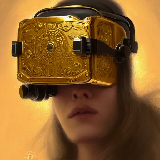 Image similar to mechanical gold vr headset, intricate, elegant, highly detailed, lifelike, digital painting, artstation, illustration, smooth, sharp focus, art by scott davidson, albert aublet, krenz cushart, artem demura, mucha