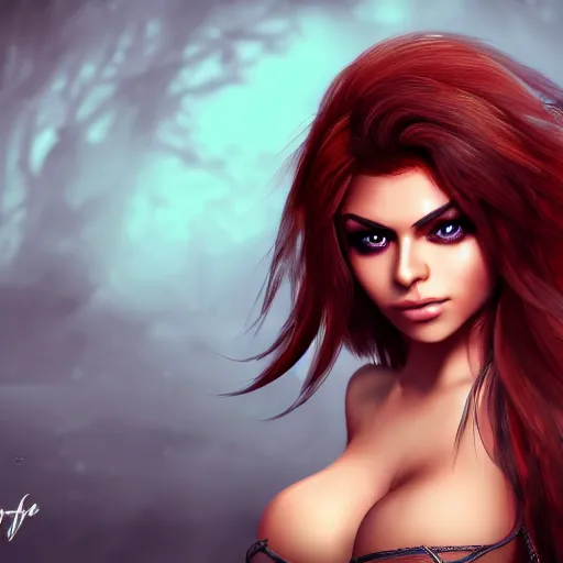 Prompt: portait of haifa wehbe loup garou style, long hair centred, hd, very detailed curve, unreal engine, final fantasy style, amazing background, rending artstation