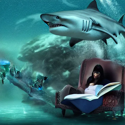 Image similar to a shark sitting in a chair reading a book underwater realistic hdr 8 k 3 5 mm