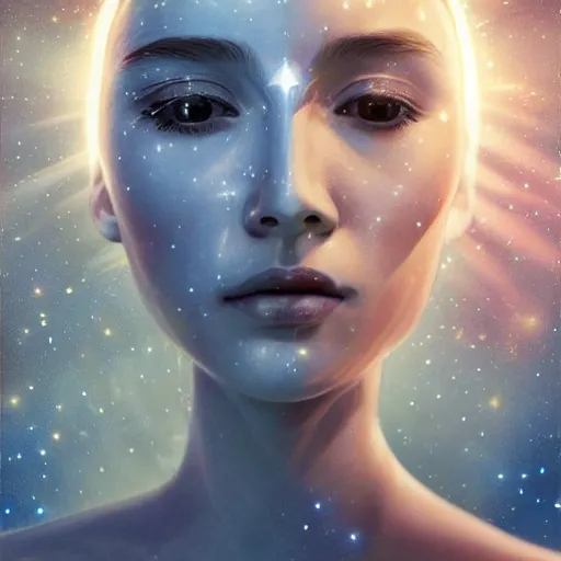 Image similar to sci - fi, close - up, 3 d, moon rays, stars, fashion model face closed eyes, cinematic, clouds, sun rays, vogue cover style, poster art, blue mood, realistic painting, intricate oil painting, high detail illustration, figurative art, multiple exposure, water, 3 d, by tooth wu and wlop and beeple and greg rutkowski