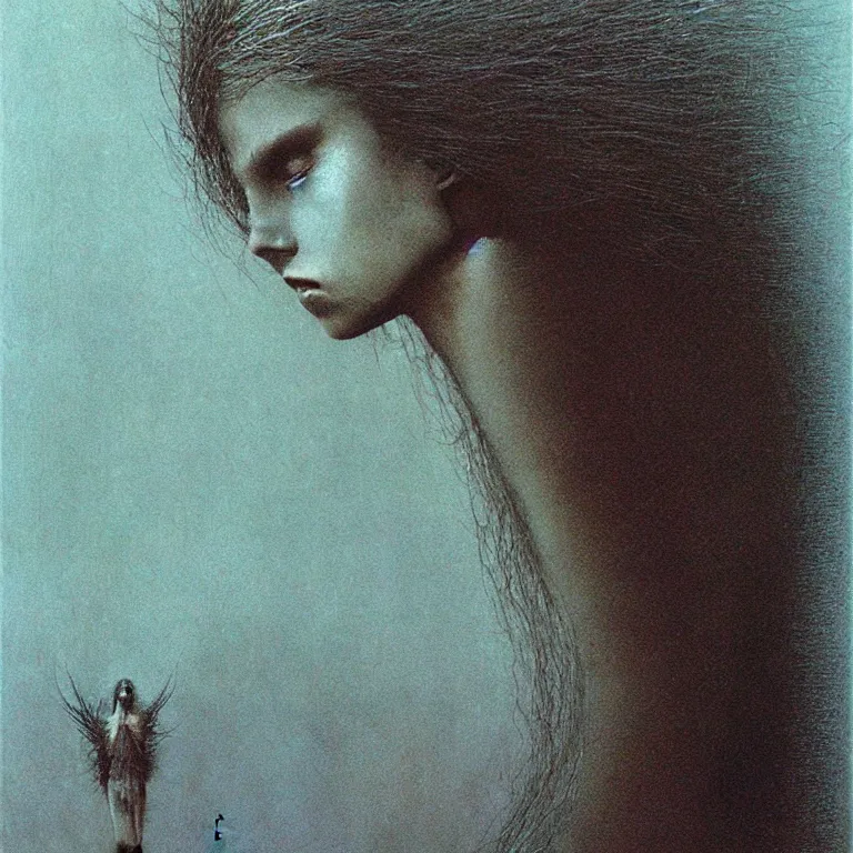 Prompt: portrait of half-bird girl by Beksinski, Luis Royo