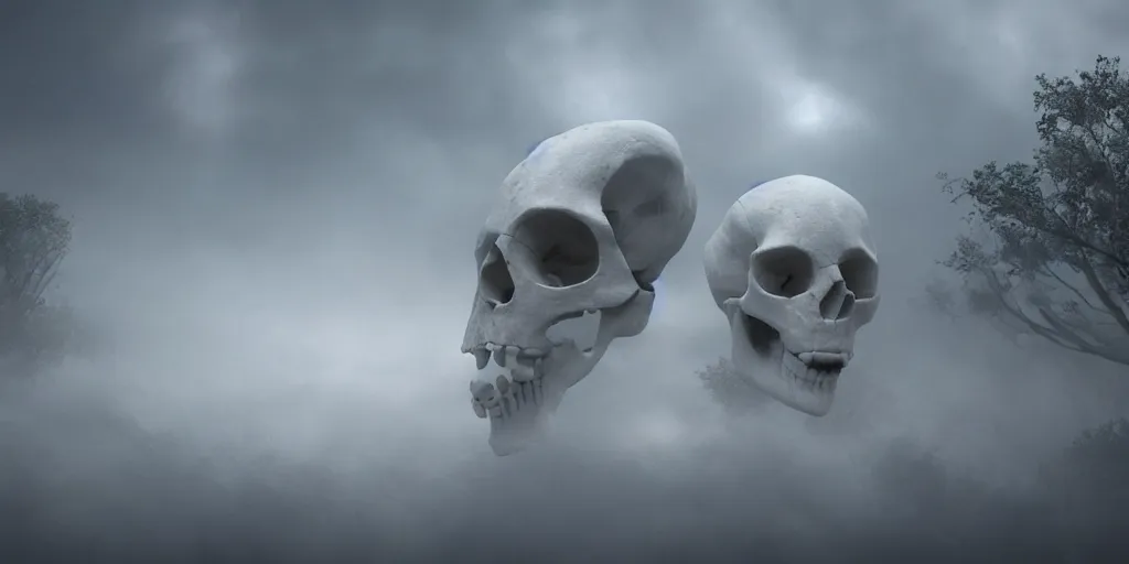 Image similar to white bird skulls, ram skulls, sculpture. swirls of mist. occult photorealism, uhd, amazing depth, volumetric lighting, cinematic lighting. epic landscape.