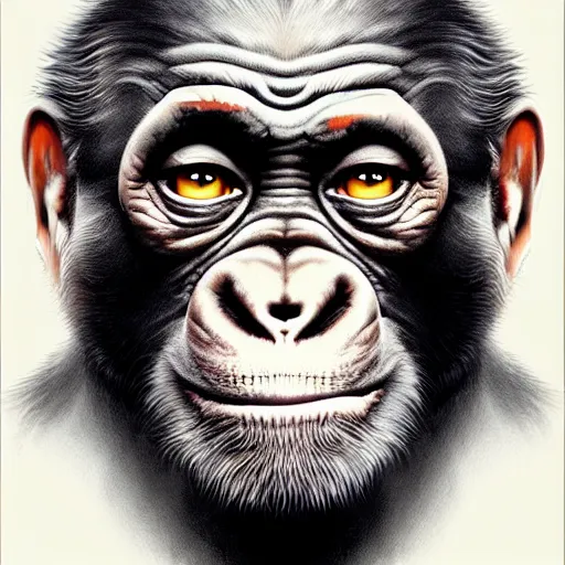 Image similar to Very funny Joe Biden looking like a monkey but good face, colorful painting on grey scale face, powerful , magic, thunders, dramatic lighting, intricate, wild, highly detailed, digital painting, artstation, concept art, smooth, sharp focus, illustration, art by artgerm and greg rutkowski and alphonse mucha, footage