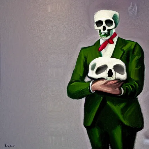 Image similar to a portrait painting of a man with a skull as his head, man is wearing a suit, the skull is green, in the style of edward hopper, 4 k,