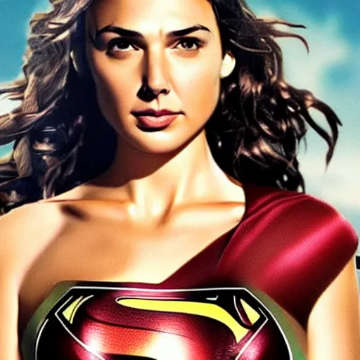 Image similar to an potrait of gal gadot cast of movie man of steel and wearing a superman suit, photorealistic high detail, full body shot, .