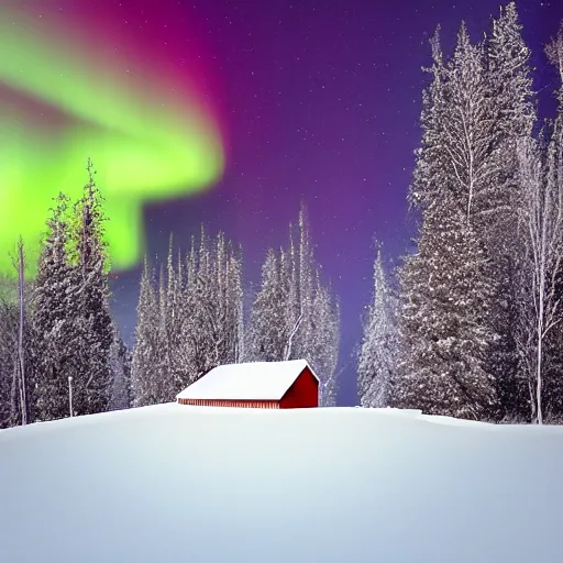Prompt: a cabin on a hill, snowstorm, winter, smoke rising from the pipe, aurora borealis, alaska, by alex andreev, landscape, high contrast, digital, complementary colors