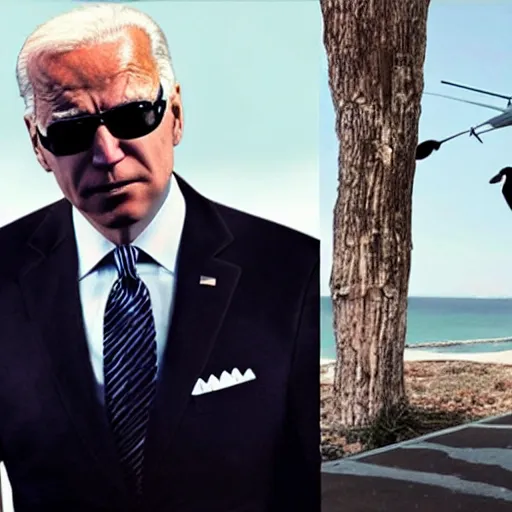 Prompt: “Joe Biden mashed up with Jason Bourne wearing a black suit, sunglasses, and parachuting from a plane”