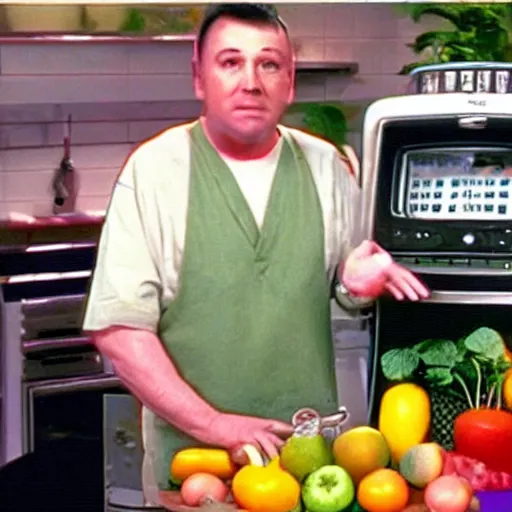 Image similar to 2001 tv still of 'Frank the juice man' promoting juicing machines that will help you live forever