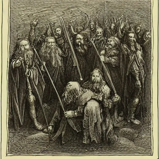 Prompt: the fellowship of the ring, by gustave dore and albrecht durer