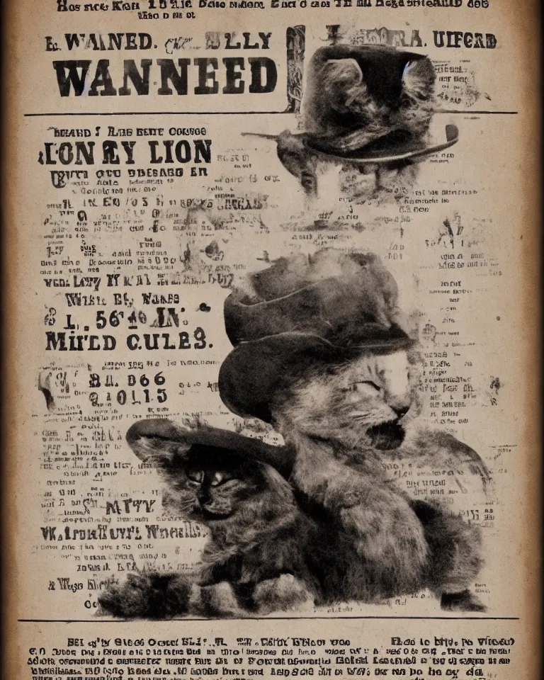 Image similar to 1865 wanted poster Wanted $1000 Reward kitten in cowboy hat Billy the Kit