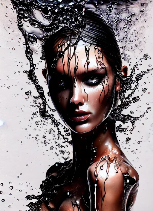 Prompt: fierce wet fashion model, splash, sweat skin, liquid metal dna, effervescent, black roses, high detail, intricate oil painting and watercolor, deep mood, hyperrealism, 3 d, in the style of irakli nadar,