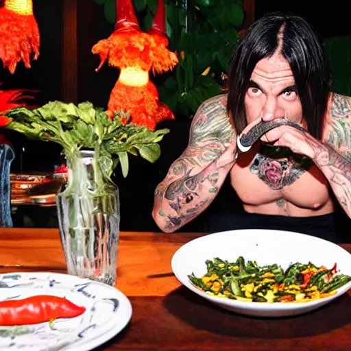 Prompt: Anthony Kiedis eating chilli peppers with a knife and fork