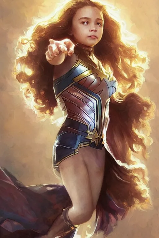 Image similar to a little girl with a michievous face and light brown curly wavy hair. she is dressed as captain marvel, wonder woman, captain america, a superhero. clean elegant painting, beautiful detailed face. by artgerm and greg rutkowski and alphonse mucha