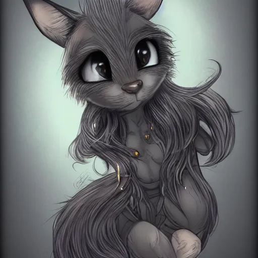 Image similar to headshot of young female furry, D&D, cute, fantasy, intricate, long hair, dark grey skin, mouse face, mouse nose, dark skin, mouse head, mouse ears, black hair, elegant, highly detailed, cartoony, artstation, concept art, smooth, sharp focus, illustration, art by Diives