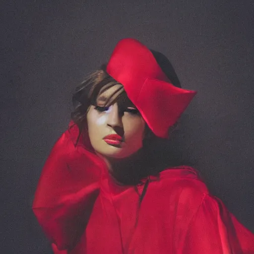 Image similar to beauty photographic portrait of half - length portrait of stunning girl in a red hat and black dress, kodak portra 4 0 0, 8 k, soft light, volumetric lighting, highly detailed,,