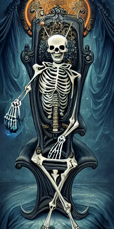 Image similar to a painting of a skeleton sitting on a throne, poster art by James Jean, Joe Fenton, Lise Deharme, Anne Stokes, Brian Despain, Petros Afshar behance contest winner, gothic art, tarot card, apocalypse art, behance hd, macabre poster art,