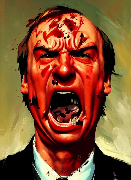 Prompt: saul goodman angry, screaming, red face, spit flying from mouth, stylistic painting by 'phil hale'!!!! high quality hd