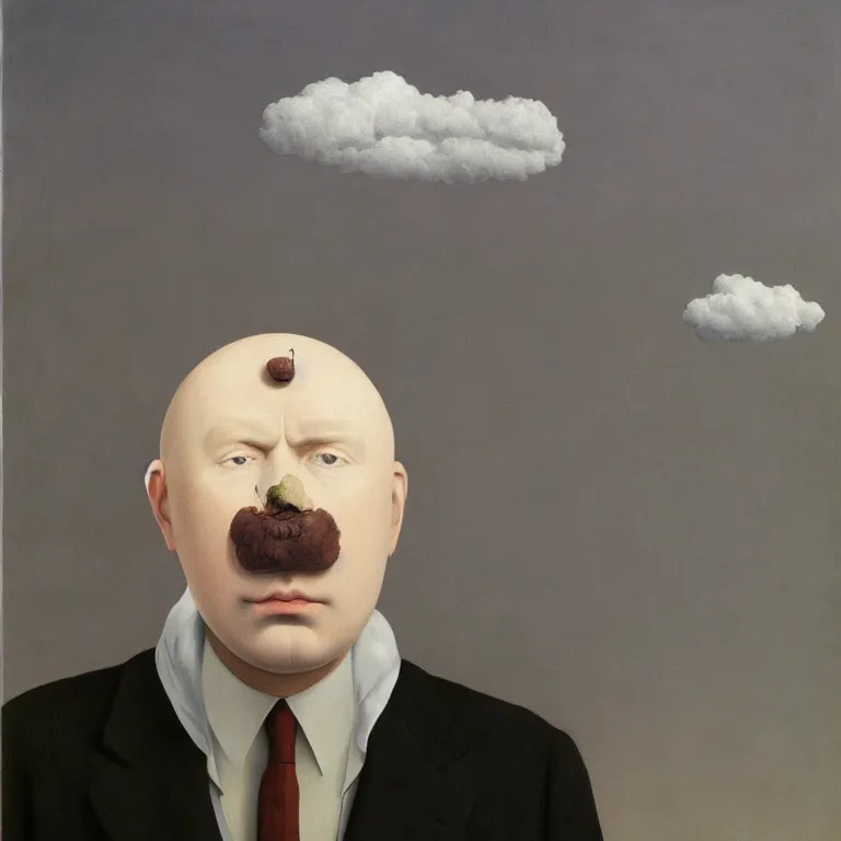 Image similar to portrait of a man whos head is made of clouds, by rene magritte, centered, detailed painting, hd, hq, high resolution, high detail, 4 k, 8 k