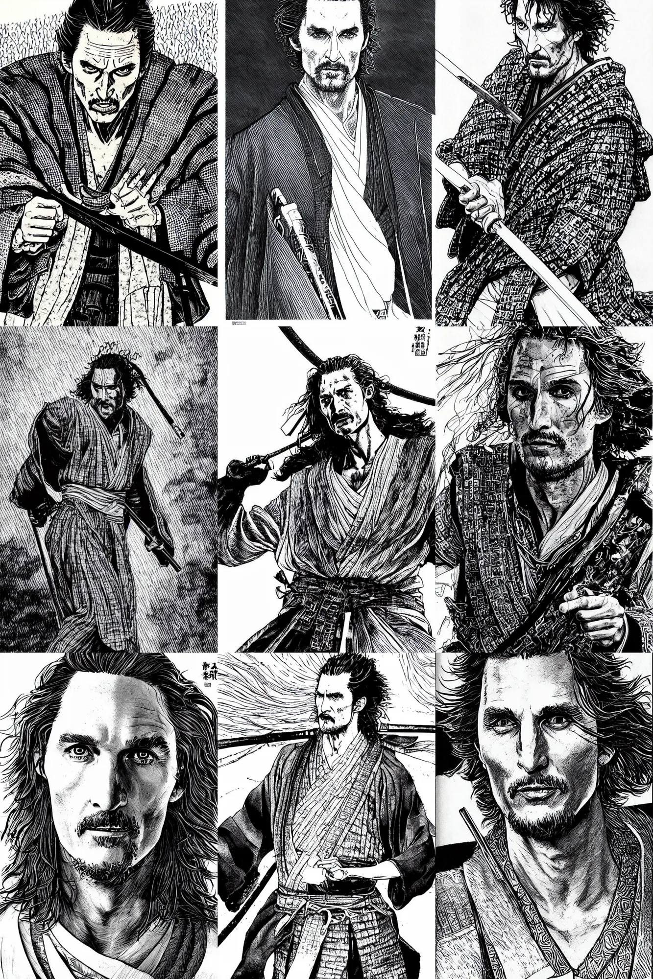 Prompt: detailed matthew mcconaughey as a samurai in vagabond manga by takehiko inoue, black ink