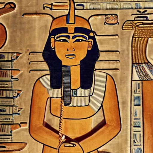 Image similar to hd photo of ancient egyptian RowLow listening to music with headphones and holding his smartphone