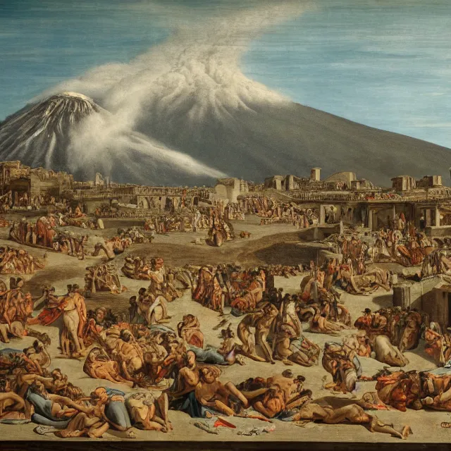Image similar to pompeii, during eruption of mount vesuvius, detailed, 4 k