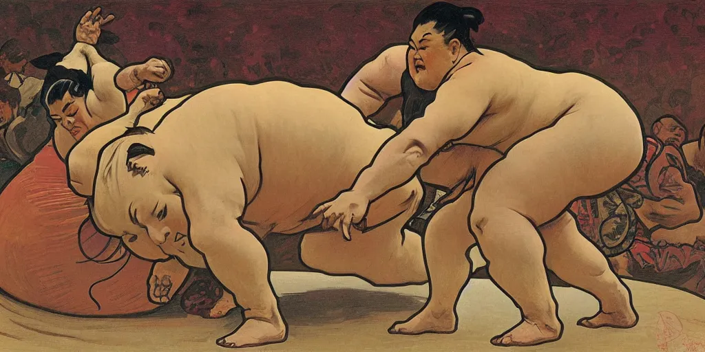 Image similar to sumo wrestling, Alphonse Mucha