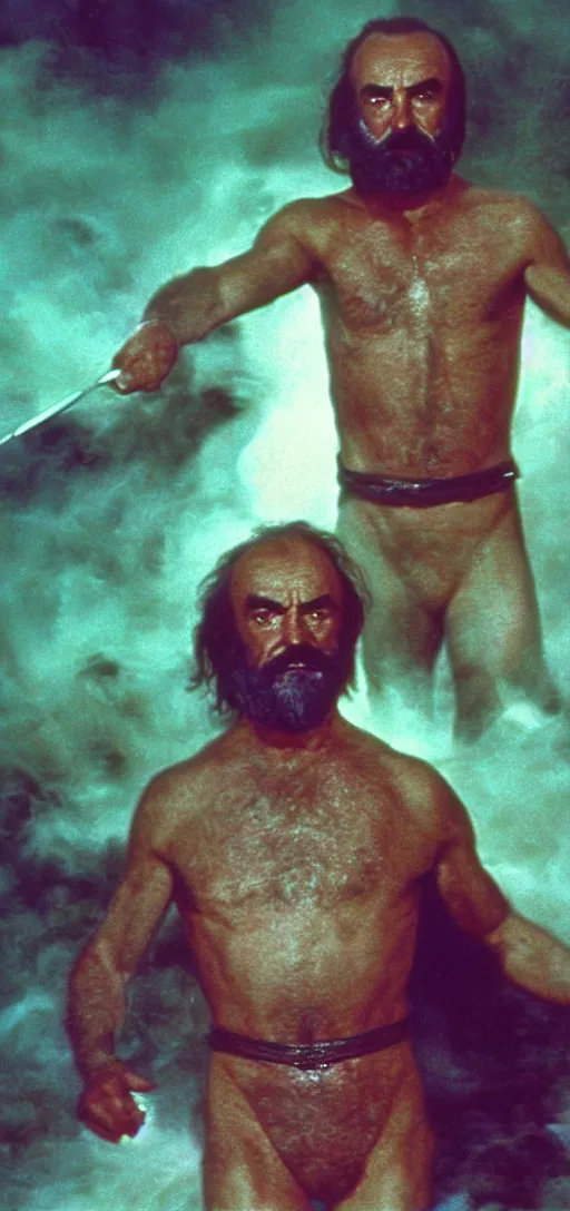 Prompt: an 8 0 mm color macro hi def picture of sean connery as zardoz as he's accessing third eye second level during his 9 6 6 th birthday party along with female friends. everything is of the second level including plates of green bread and hams on the isle of kun lao. volumetric lighting with picoso hotdogs. atmospheric. scary fog national geographic.