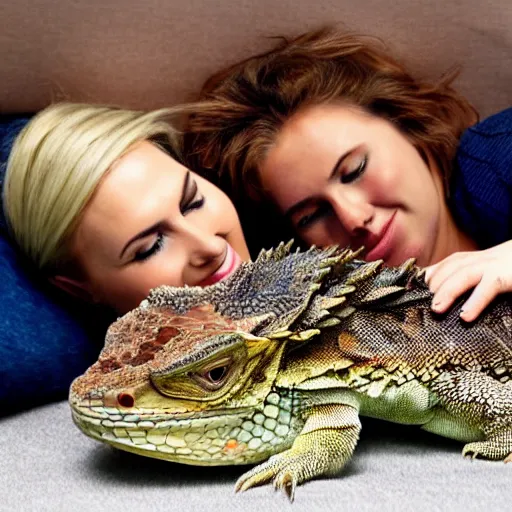 Image similar to a giant bearded dragon hanging out with blonde hair women laying down using the giant bearded dragon as a pillow