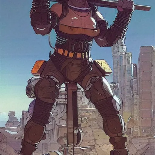 Image similar to Apex legends cyberpunk weight lifter. Concept art by James Gurney and Mœbius.