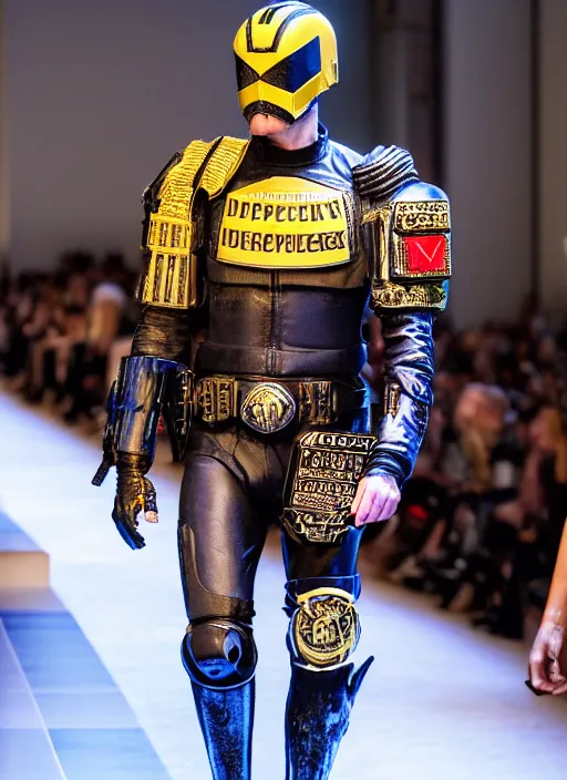 Image similar to hyperrealistic and heavy detailed versace runway show of judge dredd, leica sl 2 5 0 mm, vivid color, high quality, high textured, real life