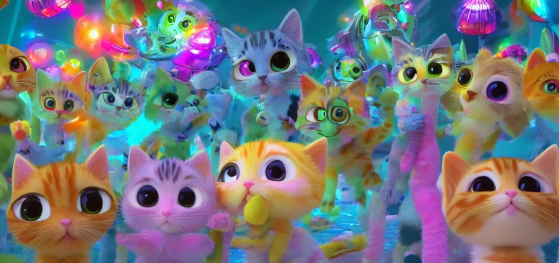 Prompt: disco dance party for adorable and cool kittens, highly detailed, Pixar, anamorphic lens