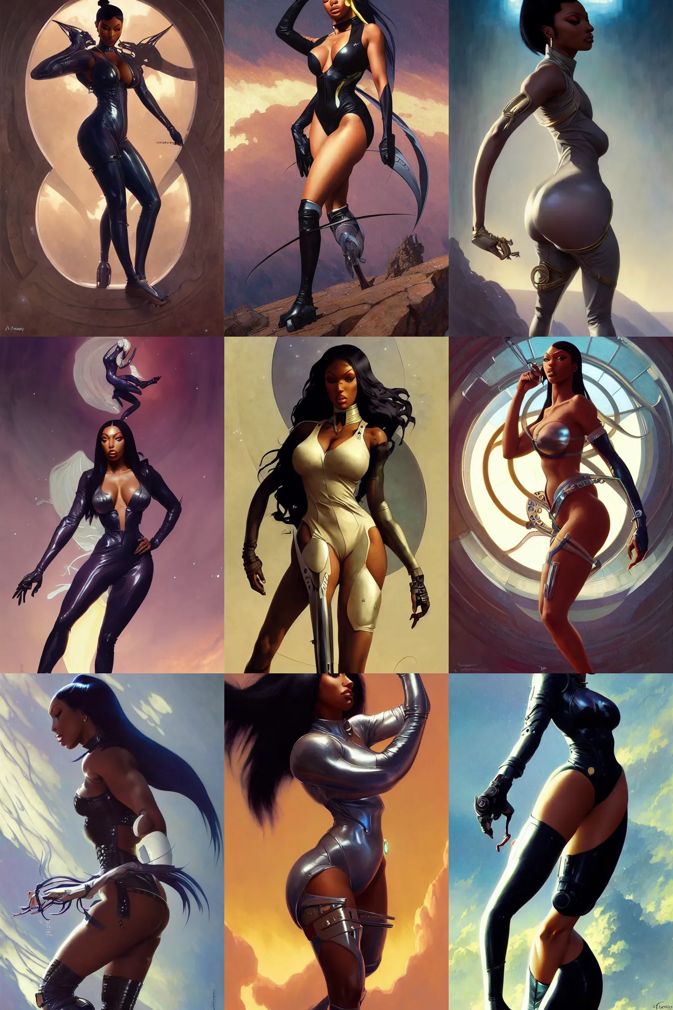 Prompt: megan thee stallion as aeon flux profile picture by greg rutkowski, dynamic pose, intricate, futuristic, fantasy, elegant, by stanley artgerm lau, greg rutkowski, thomas kindkade, alphonse mucha, loish, norman rockwell,