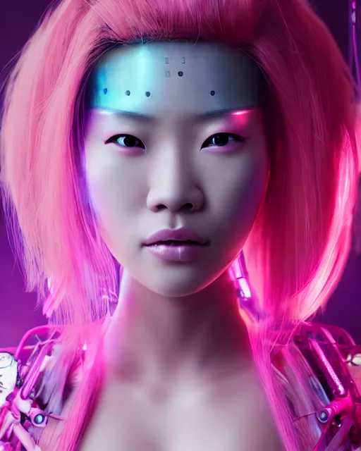 Image similar to portrait of a beautiful asian woman with pink hair as a cyberpunk cyborg half robot, revealing wires and electronics, sci - fi, missing panels, intricate abstract upper body intricate artwork, concept art, octane render, deviantart, cinematic, key art, hyperrealism, iridescent accents, portrait photograph, nikon 3 5 mm, photograph by greg rutkowski