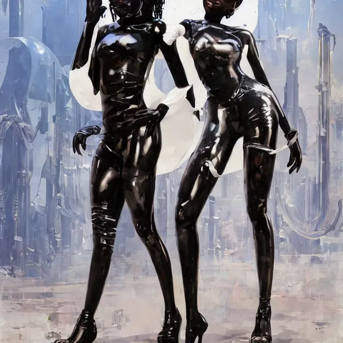 Prompt: slim and cute african domme mistress, full body, black supremacy, rubber and latex, postapocalyptic, smooth white surroundings, future, high tech, concept art, realistic painting, digital art by john berkey, by takashi murakami