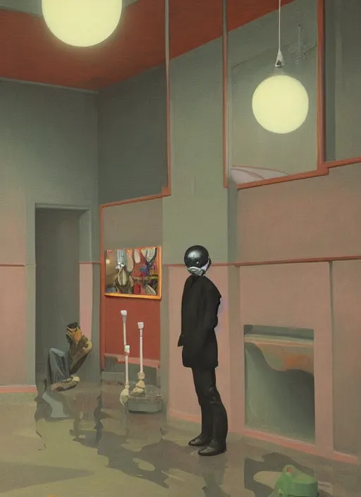 Image similar to spherical people gas masks at flooded restaurant Edward Hopper and James Gilleard, Zdzislaw Beksinski, open ceiling, highly detailed, painted by Francis Bacon, painted by James Gilleard, surrealism, airbrush, Ilya Kuvshinov, WLOP, Stanley Artgerm, very coherent, art by Takato Yamamoto and James Jean