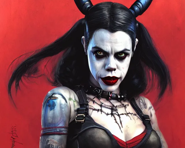 Image similar to highly detailed portrait of fairuza balk carter as harley quinn, in batman : arkham knight, stephen bliss, unreal engine, fantasy art by greg rutkowski, loish, rhads, ferdinand knab, makoto shinkai and lois van baarle, ilya kuvshinov, rossdraws, tom bagshaw, global illumination, radiant light, detailed and intricate environment