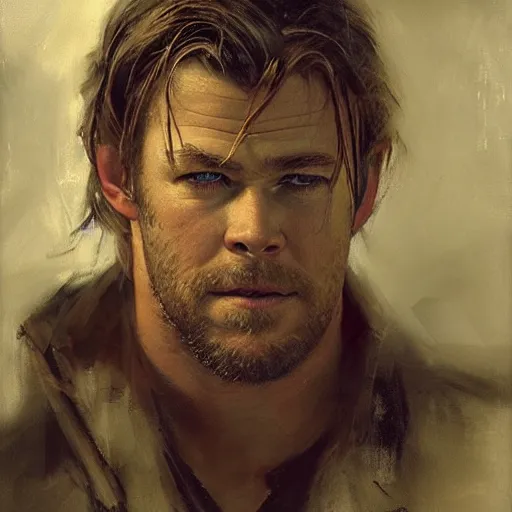 Image similar to portrait of an emotional chris hemsworth, by jeremy mann, anders zorn.