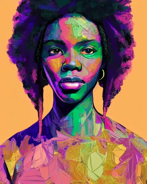 Prompt: colorful character portrait of a black female hippie with natural hair, set in the future 2 1 5 0 | highly detailed face | very intricate | symmetrical | cinematic lighting | award - winning | painted by mandy jurgens | pan futurism, dystopian, bold colors, cyberpunk, groovy 1 9 6 0 s 1 9 7 0 s vibe, anime aesthestic | featured on artstation