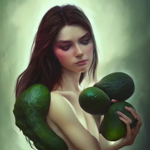 Image similar to lauren walsh lovingly cradling an avacado, fullbody, ultra high detailed, oil painting, greg rutkowski, charlie bowater, yuumei, yanjun cheng, lauren walsh, unreal 5, daz, hyperrealistic, octane render, rpg portrait, dynamic lighting, fantasy art, beautiful face