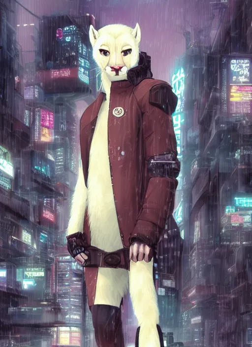 Image similar to character portrait of a male anthro albino mountain lion fursona with a tail and a cute beautiful attractive furry face wearing stylish cyberpunk clothes in a cyberpunk city at night while it rains. hidari, color page, tankoban, 4K, tone mapping, Akihiko Yoshida.