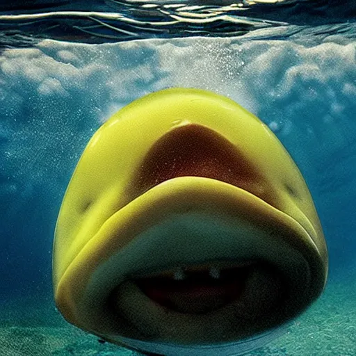 Image similar to fat cat head underwater like in jaws poster,