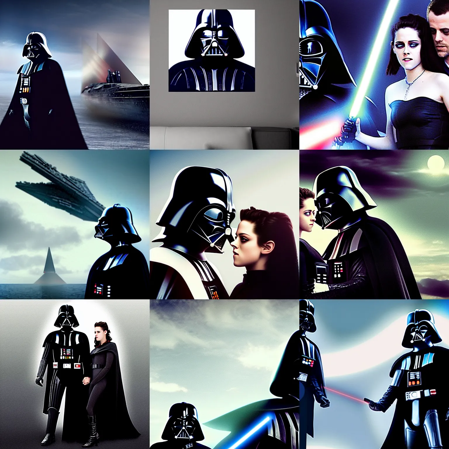 Image similar to darth vader and kristen stewart staying close together in front of, on the background star destroyer, romantic poster for the twillight movie