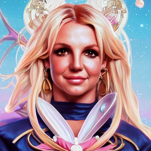 Image similar to Britney Spears as Sailor Moon, western, D&D, fantasy, intricate, elegant, highly detailed, digital painting, artstation, concept art, matte, sharp focus, illustration, art by Artgerm and Greg Rutkowski and Alphonse Mucha